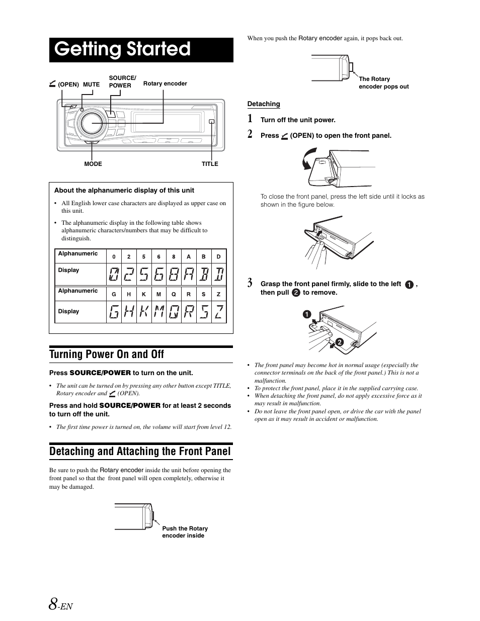 Getting started, Power on / off, Detaching and attaching the faceplate | Turning power on and off, Detaching and attaching the front panel | Alpine DVA-9861 User Manual | Page 10 / 73
