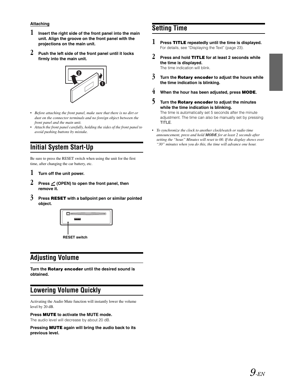 Reset, Clock set, Initial system startup | Volume / mute, Initial system start-up, Adjusting volume, Lowering volume quickly, Setting time | Alpine DVA-9861 User Manual | Page 11 / 73