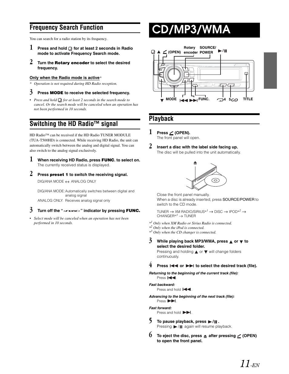 Frequency search function, Cd / mp3 / wma operation, Loading a disc | Basic playback controls, Cd/mp3/wma, Switching the hd radio™ signal, Playback | Alpine DVA-9861 User Manual | Page 13 / 73