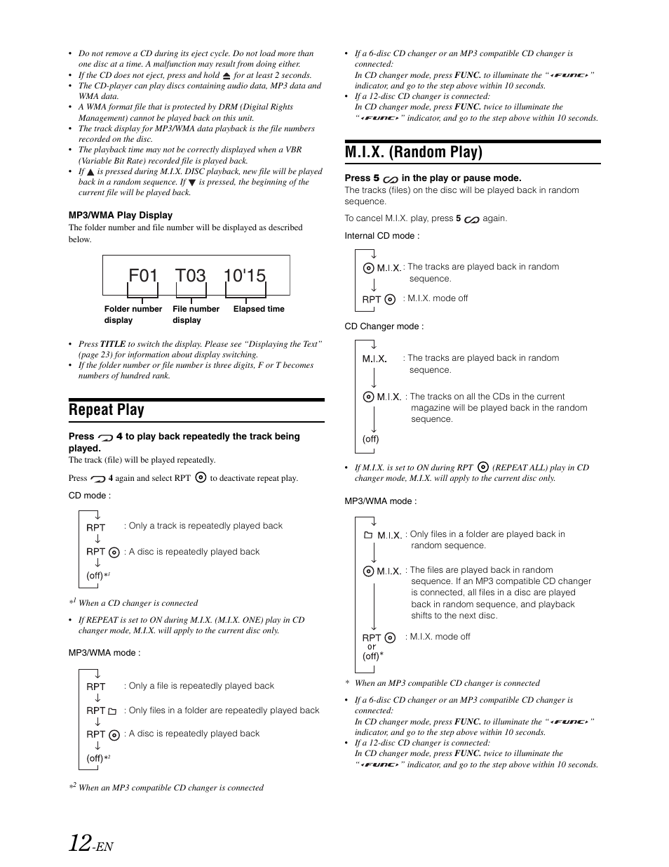 Repeat play, Random play, M.i.x. (random play) | Alpine DVA-9861 User Manual | Page 14 / 73