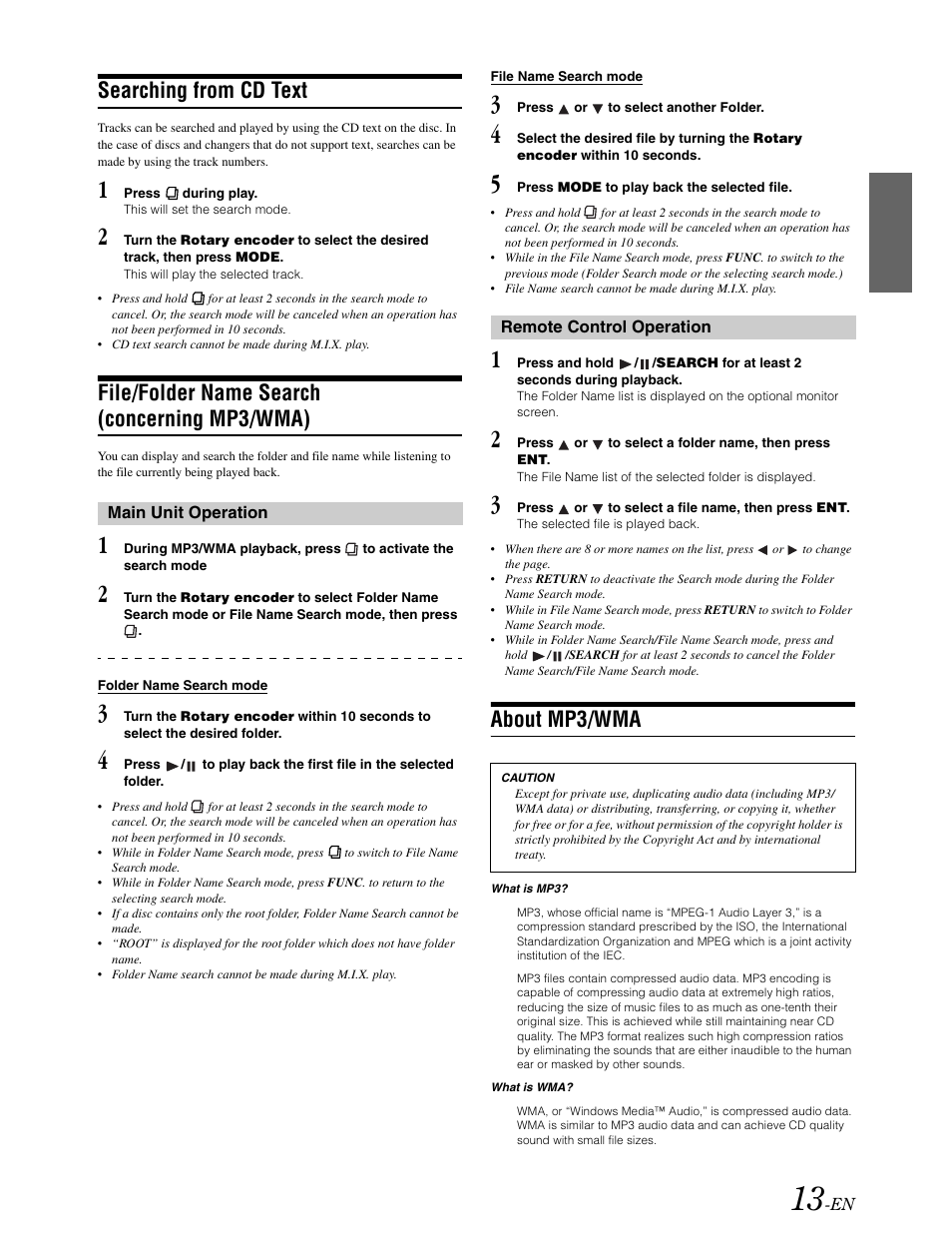 Mp3 / wma compatibility, Searching from cd text, File / folder name search (mp3 / wma) | File/folder name search (concerning mp3/wma), About mp3/wma | Alpine DVA-9861 User Manual | Page 15 / 73