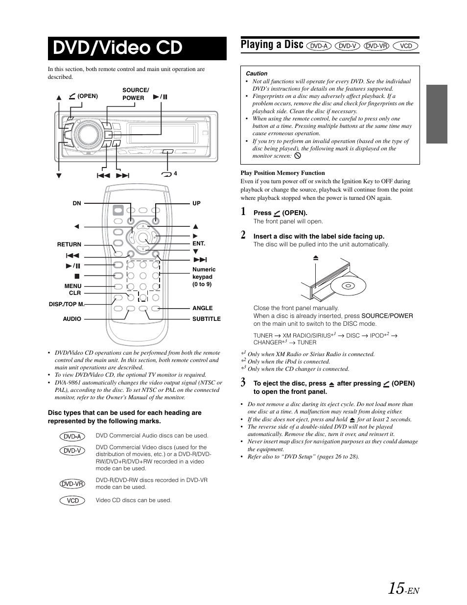 Dvd / video cd operation, Playing a disc, Dvd/video cd | Alpine DVA-9861 User Manual | Page 17 / 73