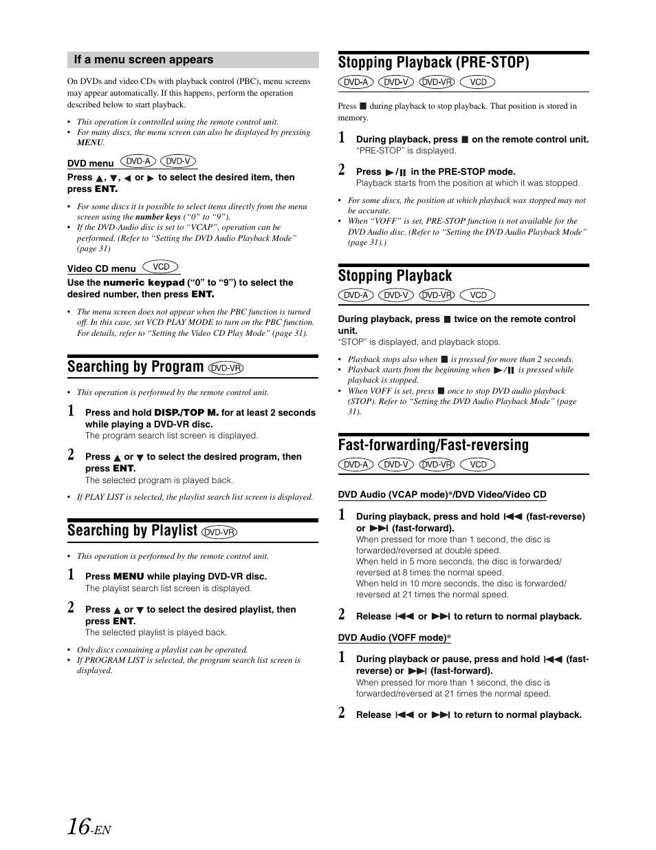 Searching by program, Searching by playlist, Stopping playback | Fast forward / reverse, Stopping playback (pre-stop), Fast-forwarding/fast-reversing | Alpine DVA-9861 User Manual | Page 18 / 73