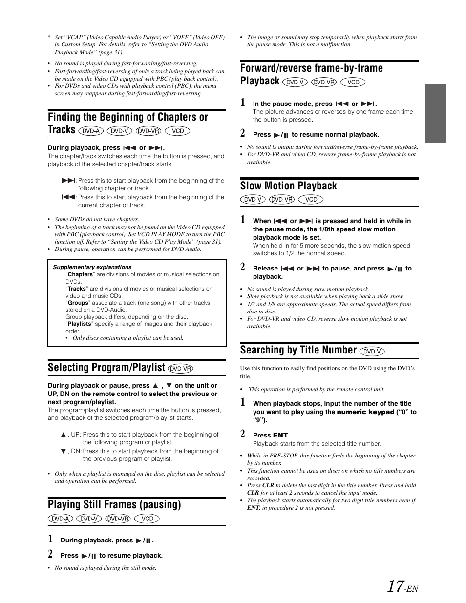 Finding the beginning of chapters or tracks, Selecting program / playlist, Playing still frames (pausing) | Frame-by-frame, Slow motion playback, Searching by title number, Selecting program/playlist, Forward/reverse frame-by-frame playback | Alpine DVA-9861 User Manual | Page 19 / 73