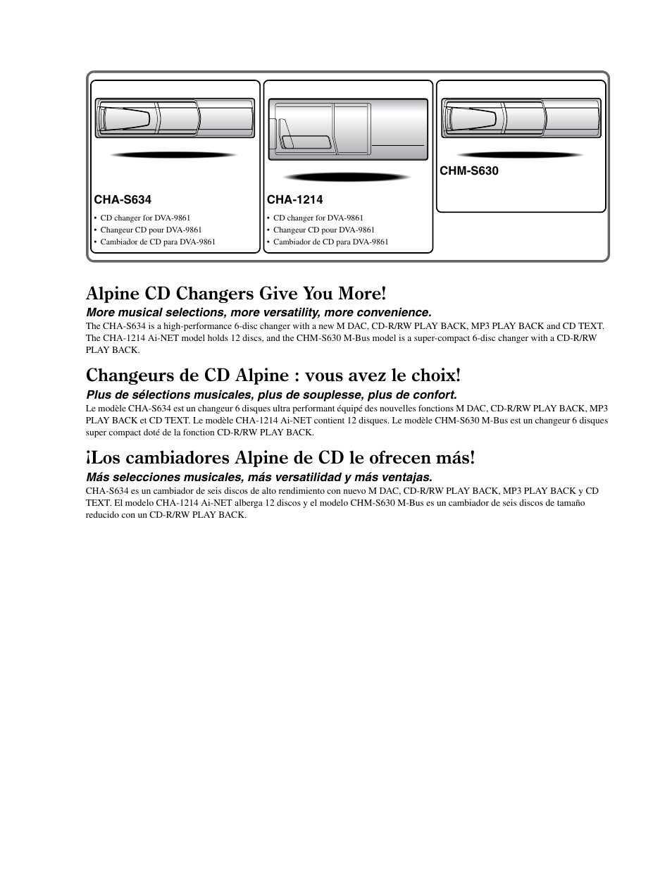 Compatible cd changers, Alpine cd changers give you more, Changeurs de cd alpine : vous avez le choix | Los cambiadores alpine de cd le ofrecen más | Alpine DVA-9861 User Manual | Page 2 / 73