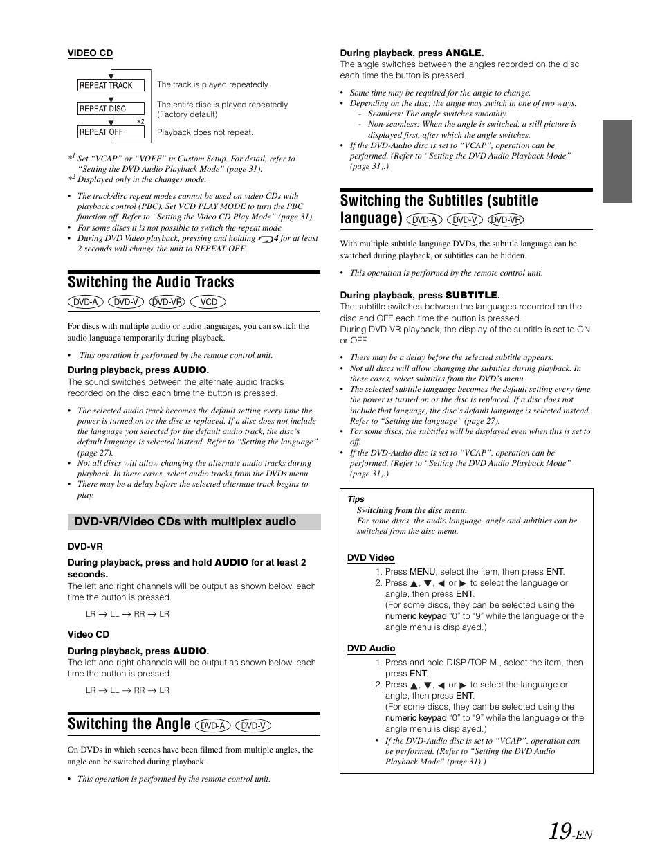 Switching the audio tracks, Switching the angle, Switching the subtitles | Switching the subtitles (subtitle language) | Alpine DVA-9861 User Manual | Page 21 / 73