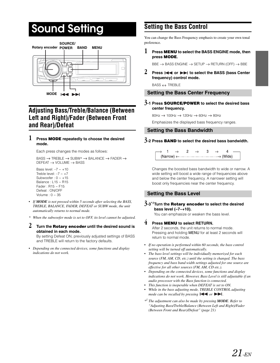 Sound settings, Bass / treble / balance / fader / defeat, Setting the bass control | Sound setting | Alpine DVA-9861 User Manual | Page 23 / 73