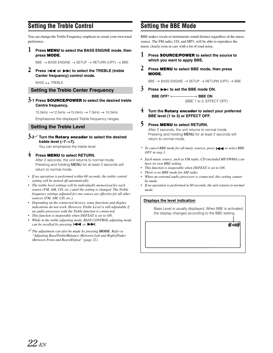 Setting the treble control, Setting the bbe mode | Alpine DVA-9861 User Manual | Page 24 / 73