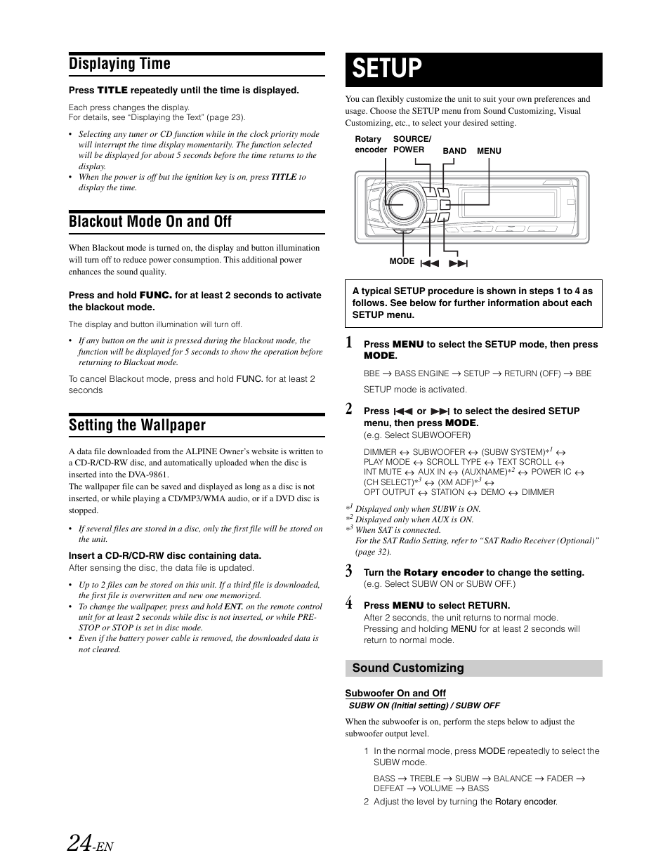 Displaying time, Blackout mode on and off, Setting the wallpaper | Setup, Navigating the menus, Sound customizing | Alpine DVA-9861 User Manual | Page 26 / 73