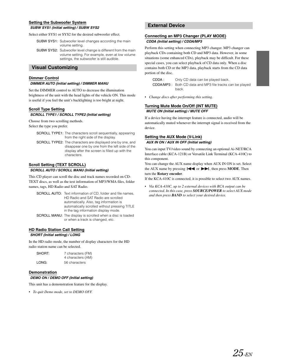 Visual customizing, External device | Alpine DVA-9861 User Manual | Page 27 / 73