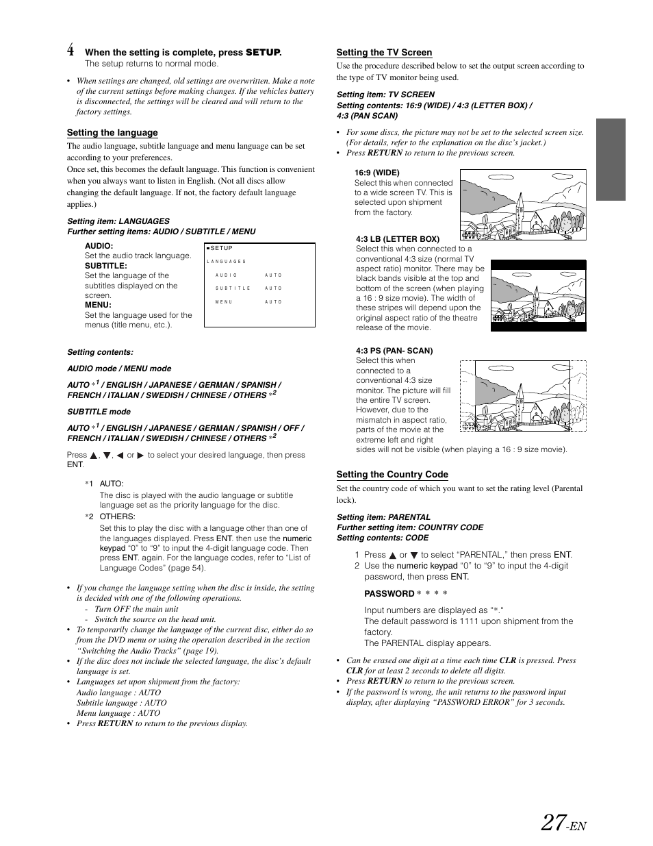 Setting the language, Setting the tv screen, Setting the country code | Alpine DVA-9861 User Manual | Page 29 / 73