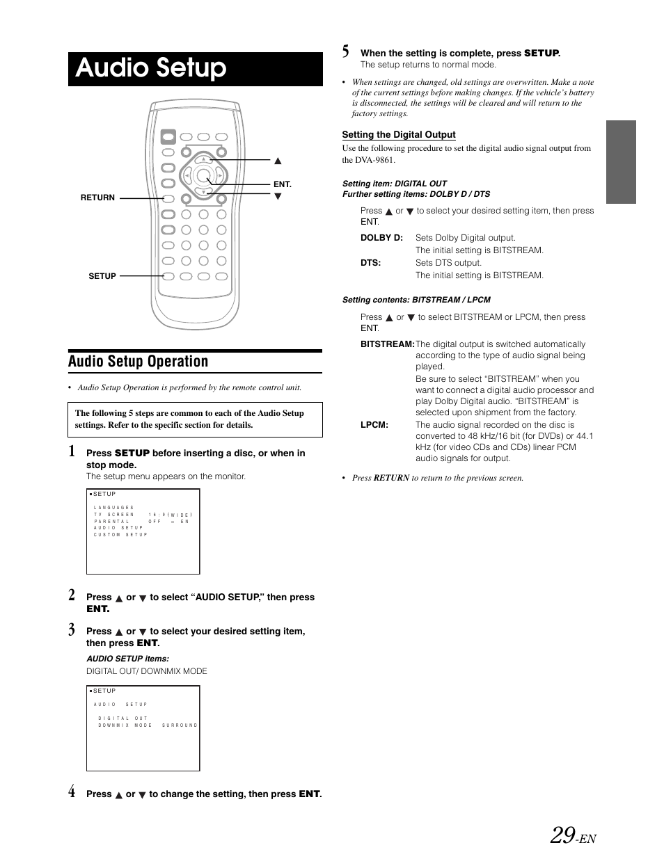 Audio setup, Navigating the menus, Setting the digital output | Audio setup operation | Alpine DVA-9861 User Manual | Page 31 / 73