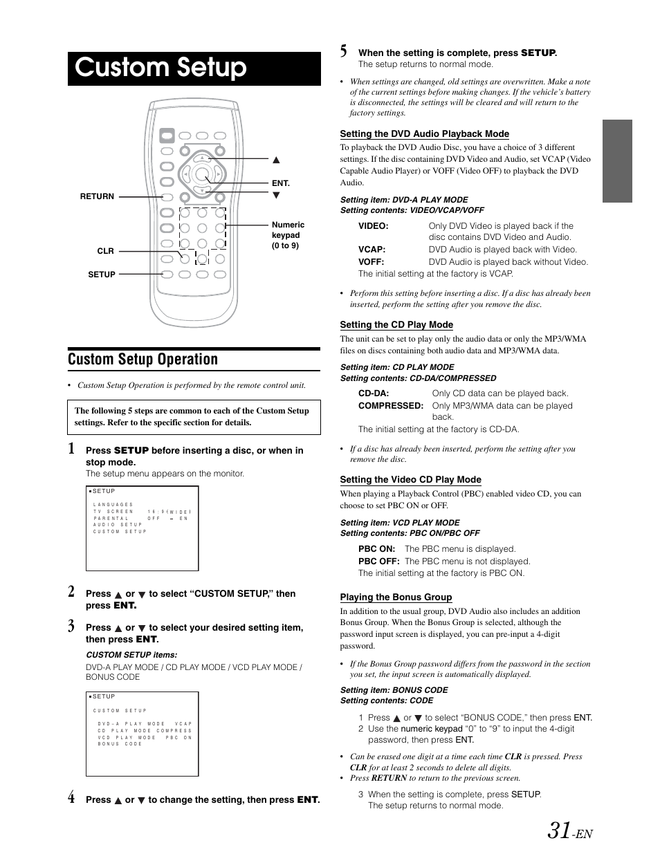 Custom setup, Navigating the menus, Setting the dvd audio playback mode | Setting the cd play mode, Setting the video cd play mode, Playing the bonus group, Custom setup operation | Alpine DVA-9861 User Manual | Page 33 / 73