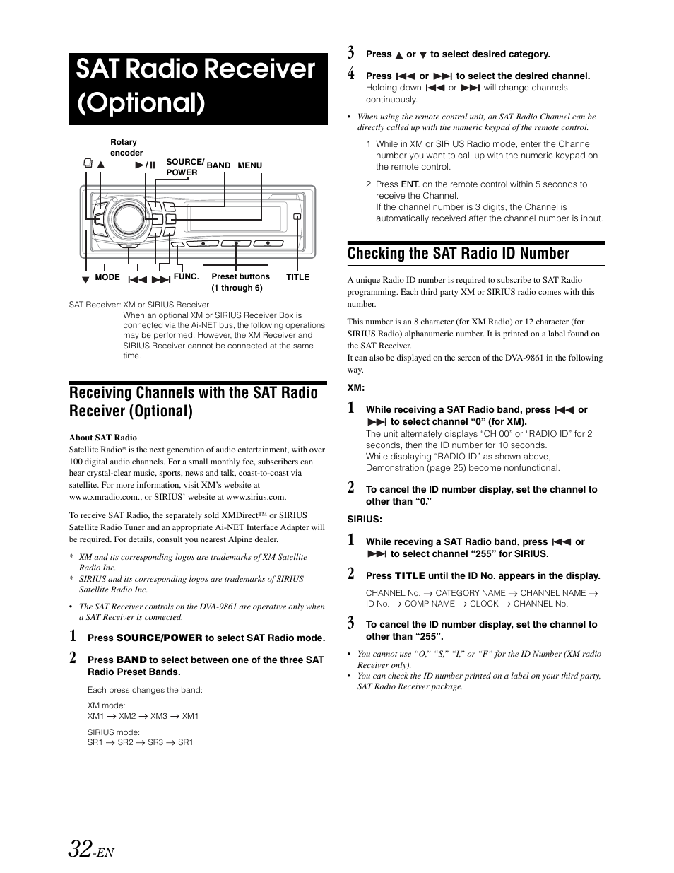 Satellite radio control, Receiving channels, Checking the sat radio id number | Sat radio receiver (optional) | Alpine DVA-9861 User Manual | Page 34 / 73