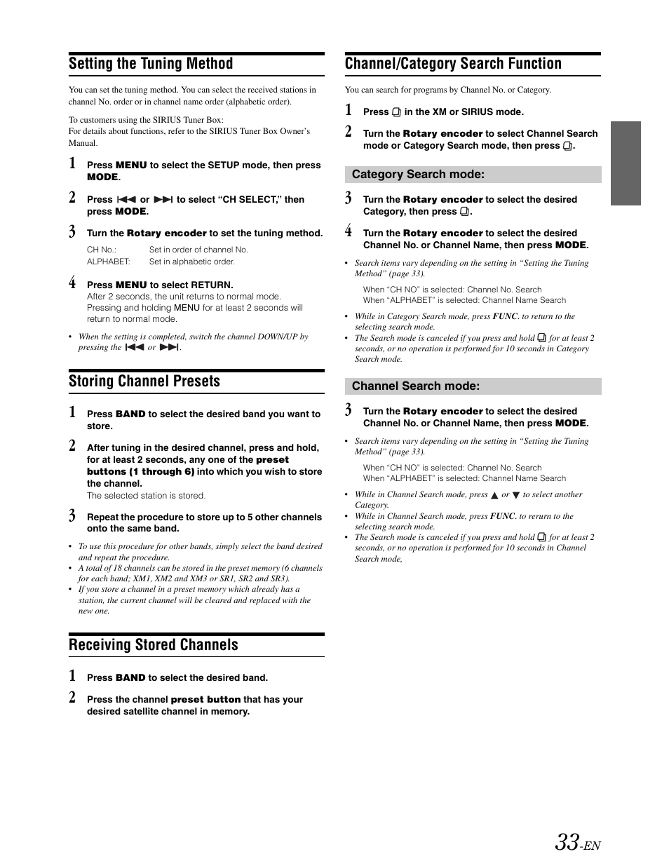 Setting the tuning method, Storing channel presets, Receiving stored channels | Channel / category search function, Channel/category search function | Alpine DVA-9861 User Manual | Page 35 / 73