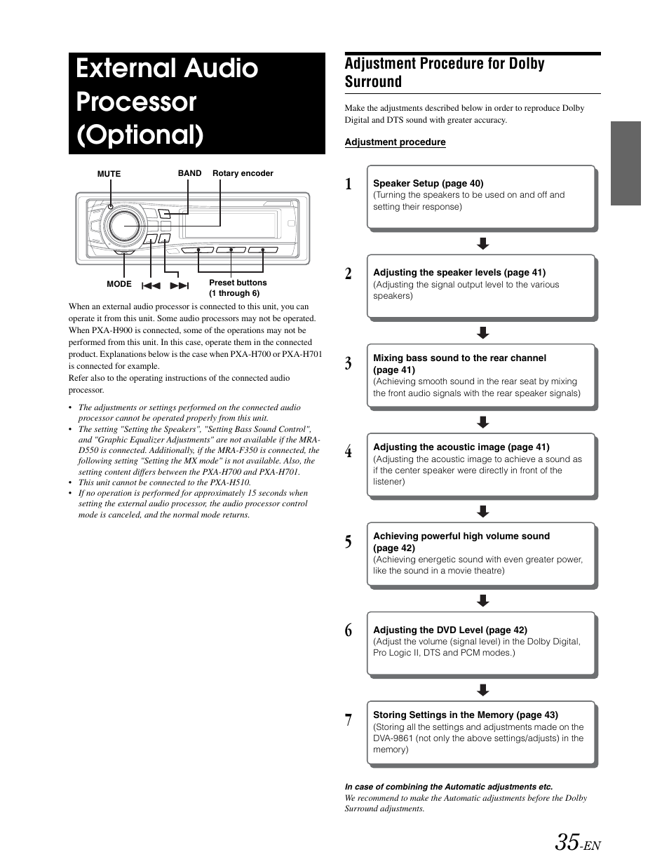 External audio processor control, Adjustment procedure for dolby surround, External audio processor (optional) | Alpine DVA-9861 User Manual | Page 37 / 73