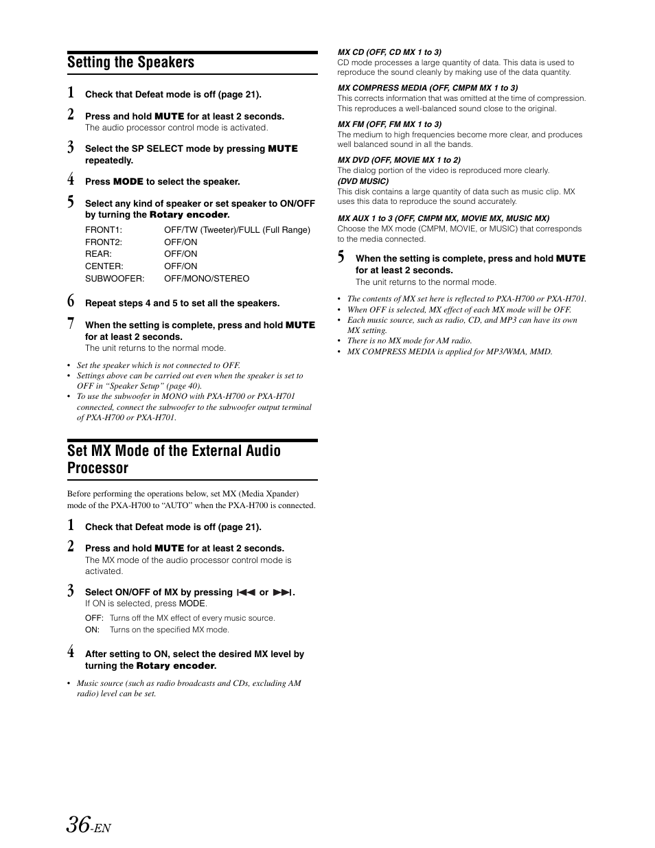 Setting the speakers, Set mx mode of the external audio processor | Alpine DVA-9861 User Manual | Page 38 / 73