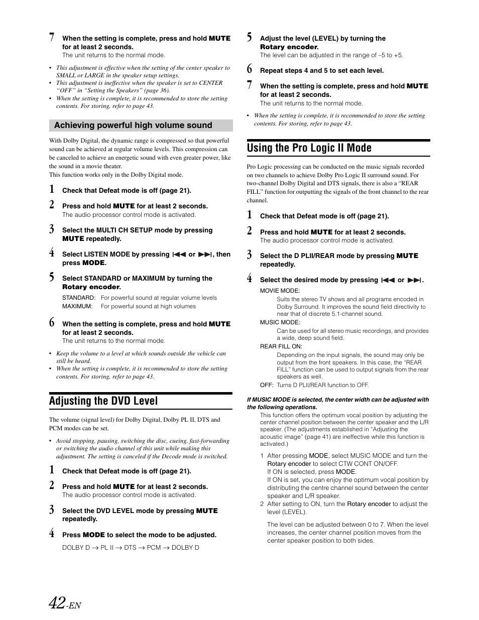 Adjusting the dvd level, Using the pro logic ii mode | Alpine DVA-9861 User Manual | Page 44 / 73