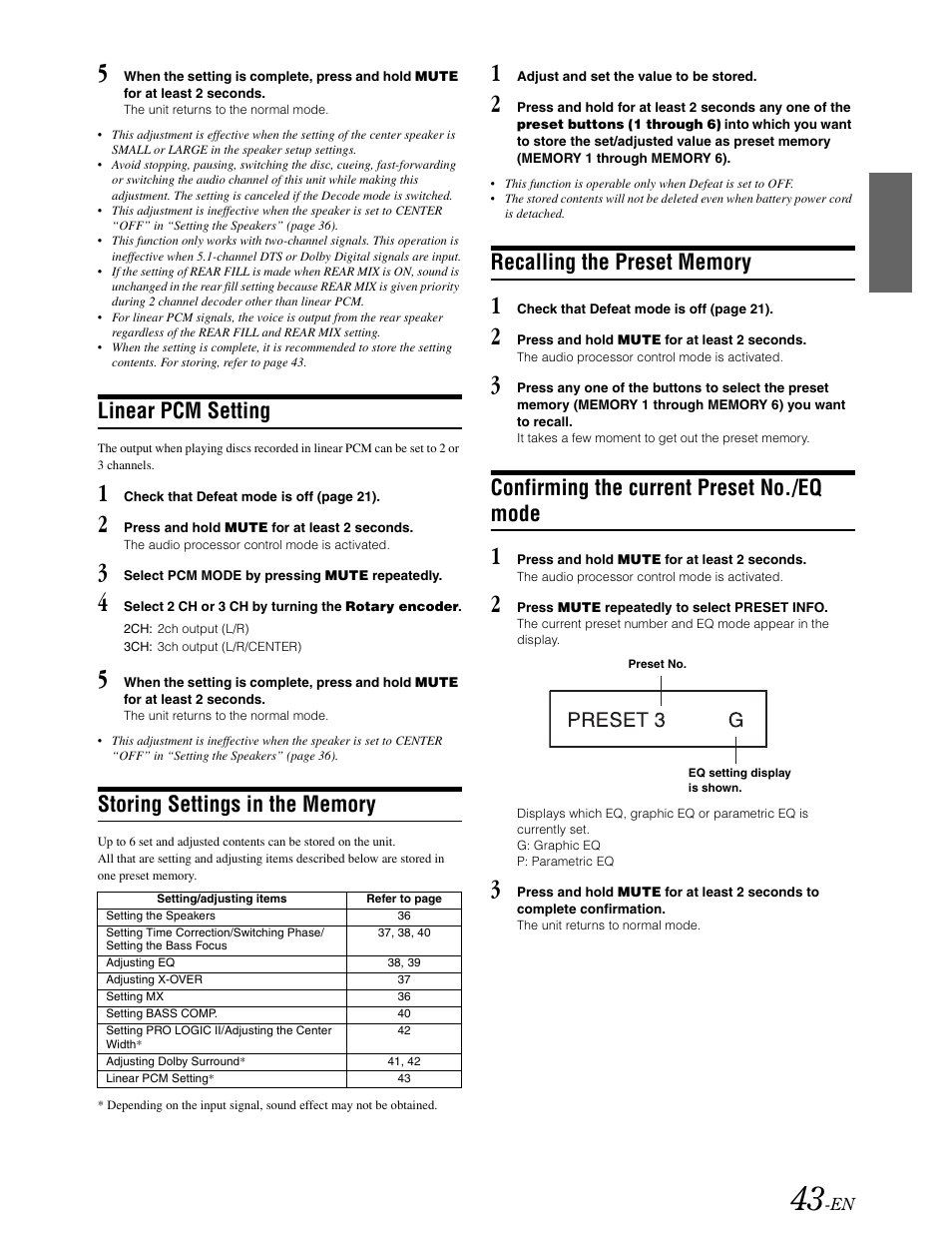 Linear pcm setting, Storing settings in the memory, Recalling the preset memory | Confirming the current preset no. / eq mode, Confirming the current preset no./eq mode | Alpine DVA-9861 User Manual | Page 45 / 73