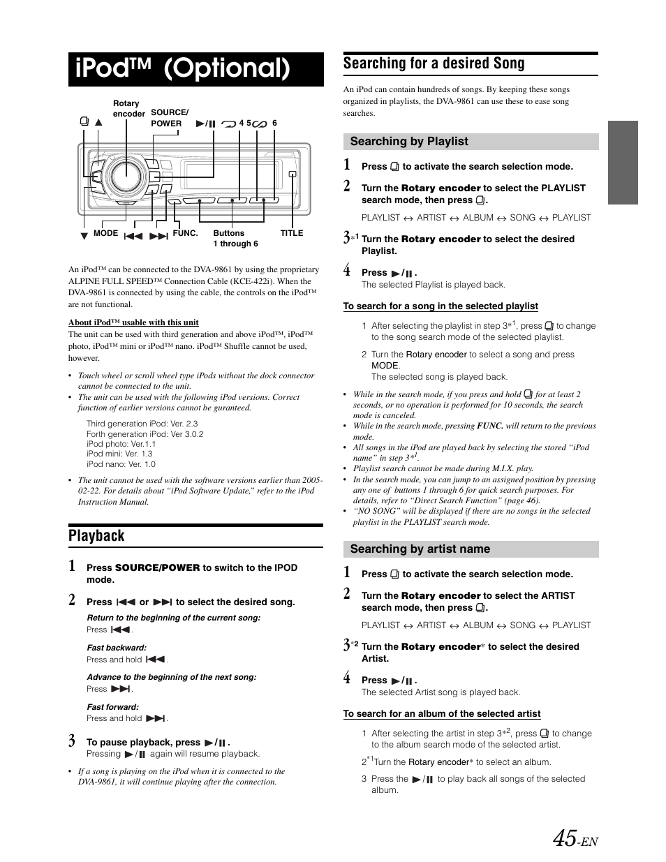 Ipod control, Playback, Searching for a desired song | Ipod™ (optional) | Alpine DVA-9861 User Manual | Page 47 / 73