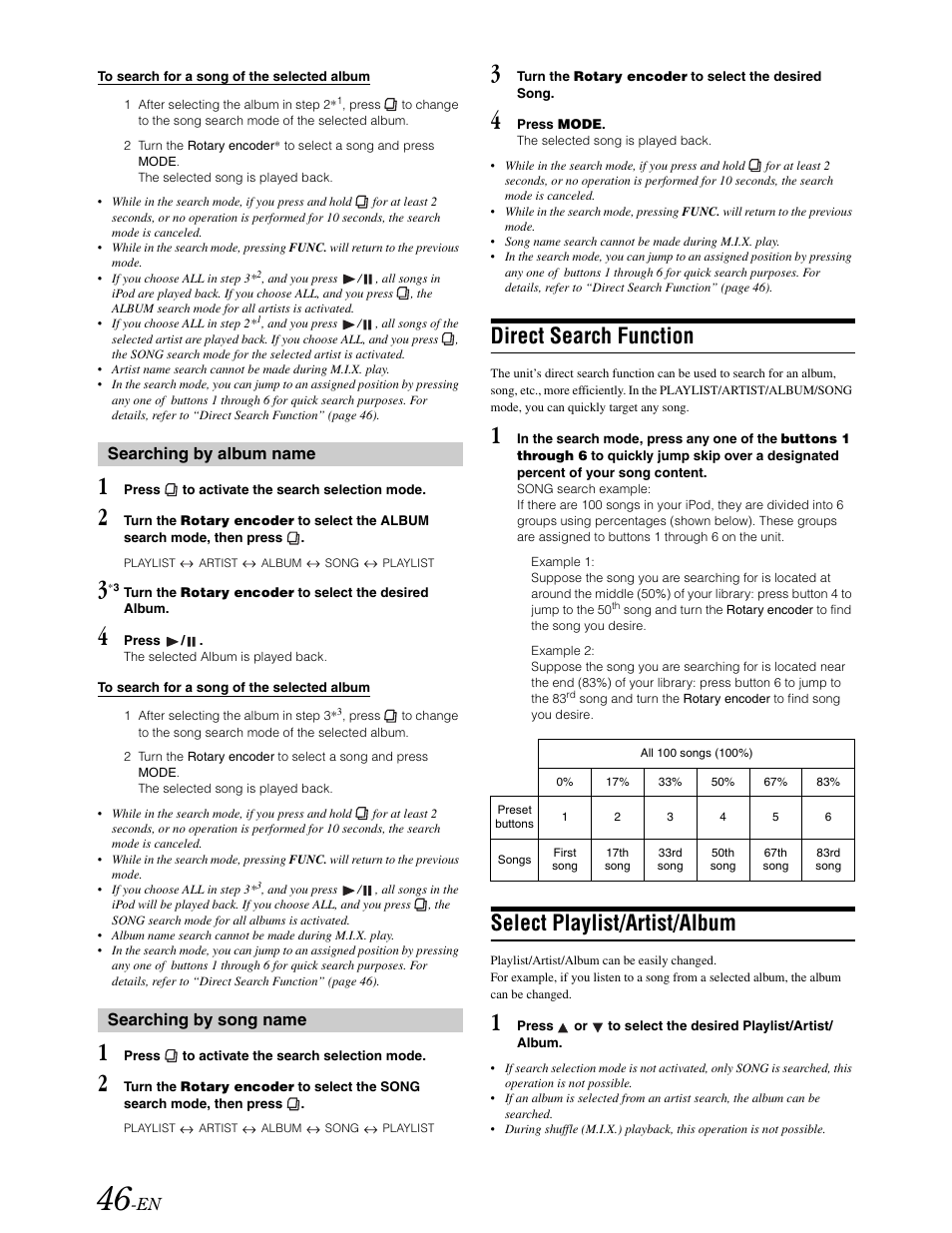 Direct search function, Select playlist / artist / album, Select playlist/artist/album | Alpine DVA-9861 User Manual | Page 48 / 73