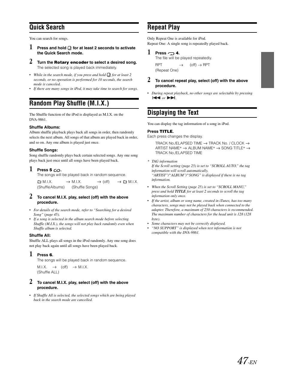 Quick search, Random play, Repeat play | Displaying the text, Random play shuffle (m.i.x.) | Alpine DVA-9861 User Manual | Page 49 / 73