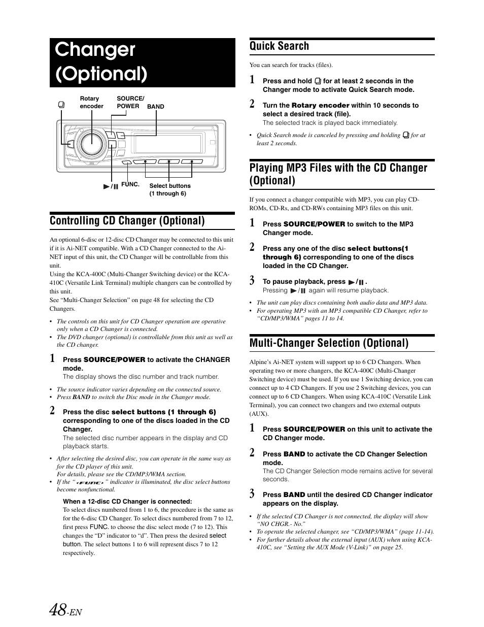 Cd changer control, Changer (optional), Controlling cd changer (optional) | Quick search, Playing mp3 files with the cd changer (optional), Multi-changer selection (optional) | Alpine DVA-9861 User Manual | Page 50 / 73