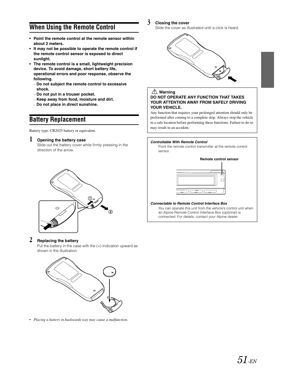 When using the remote control, Battery replacement | Alpine DVA-9861 User Manual | Page 53 / 73
