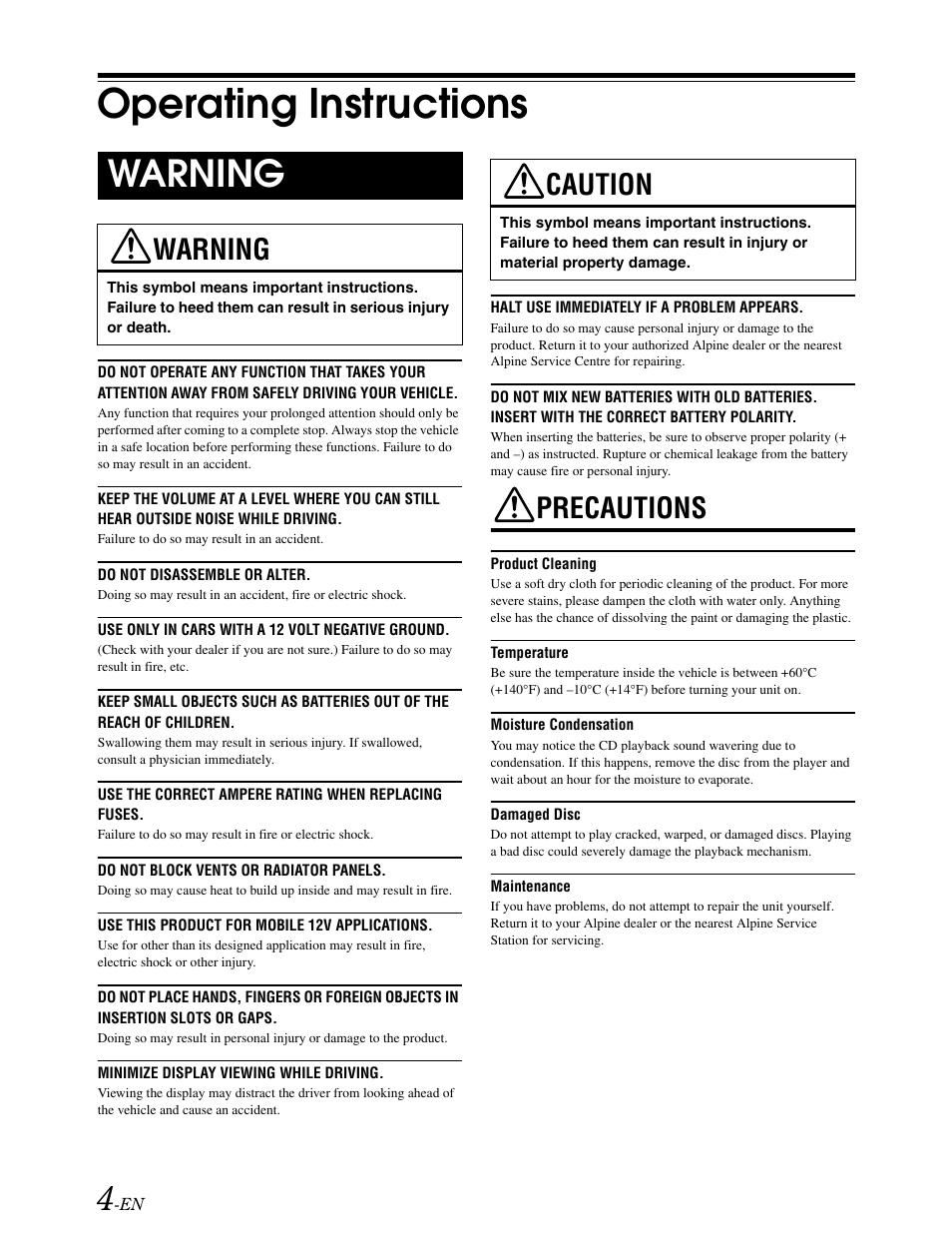 Operating instructions, Warning, Precautions | Caution | Alpine DVA-9861 User Manual | Page 6 / 73