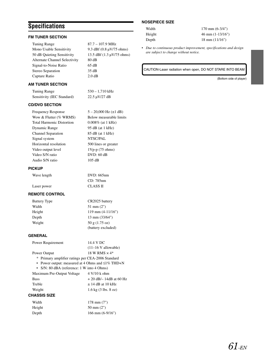 Specs, Specifications | Alpine DVA-9861 User Manual | Page 63 / 73