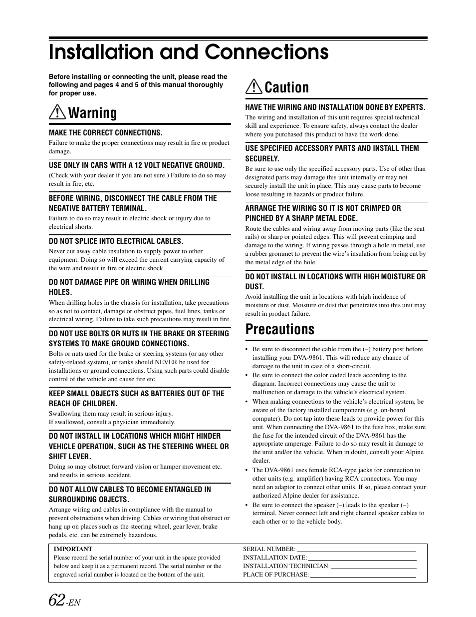 Installation & connections, Installation and connections, Warning | Caution, Precautions | Alpine DVA-9861 User Manual | Page 64 / 73