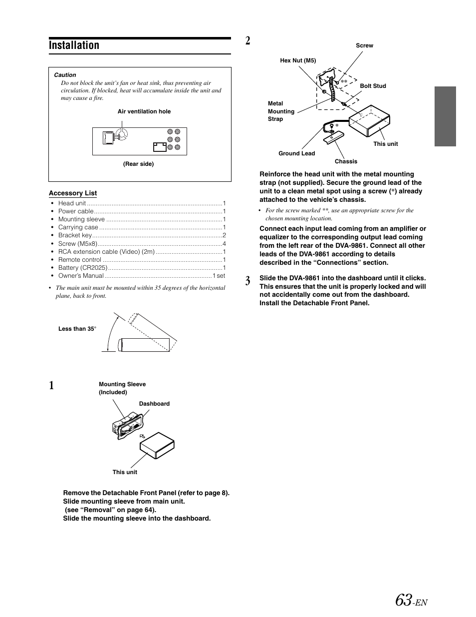 Supplied accessories, Mounting, Installation | Alpine DVA-9861 User Manual | Page 65 / 73