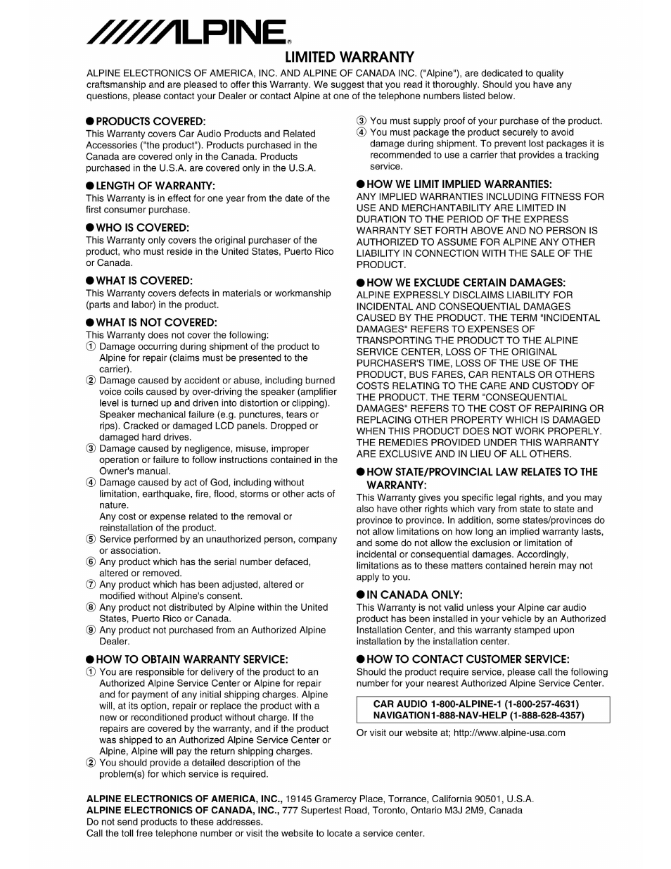 Warranty | Alpine DVA-9861 User Manual | Page 70 / 73