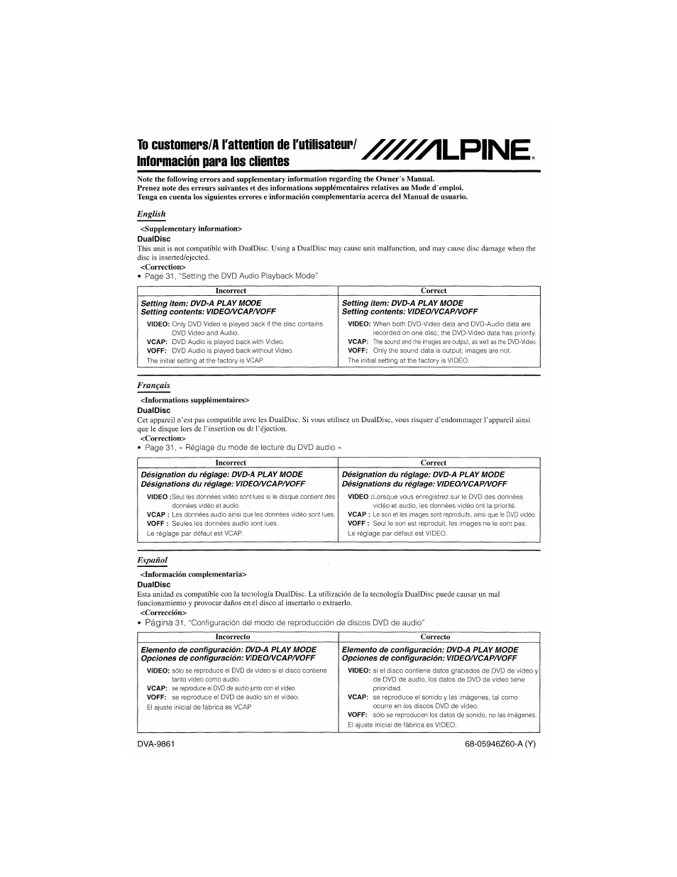 Correction to manual | Alpine DVA-9861 User Manual | Page 71 / 73