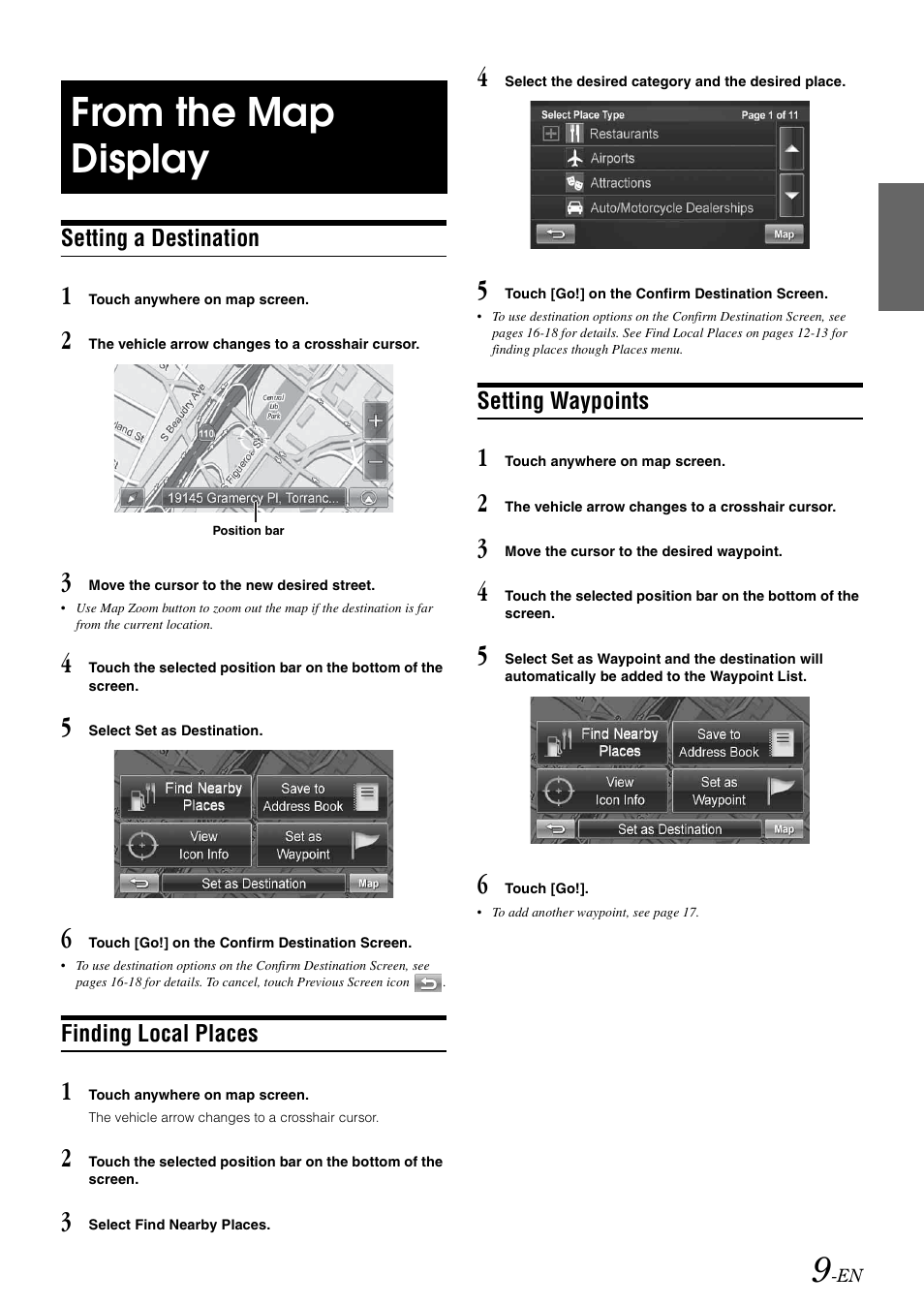 From the map display, Setting a destination, Finding local places | Setting waypoints | Alpine NVE-M300 User Manual | Page 11 / 30