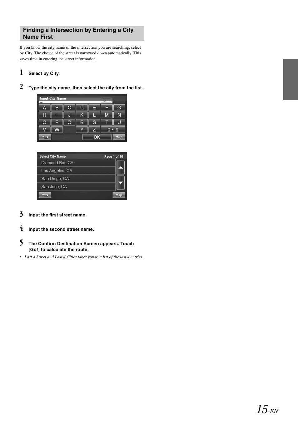 Finding a intersection by entering a city, Name first | Alpine NVE-M300 User Manual | Page 17 / 30
