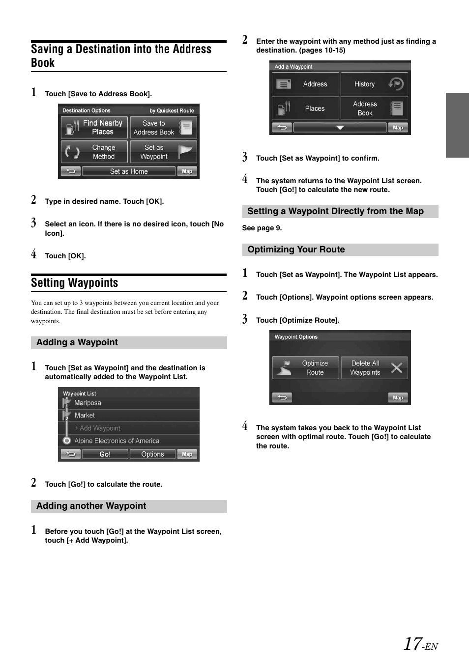 Saving a destination into the address book, Setting waypoints, Adding a waypoint | Adding another waypoint, Setting a waypoint directly from the map, Optimizing your route, Saving a destination into the address, Book | Alpine NVE-M300 User Manual | Page 19 / 30