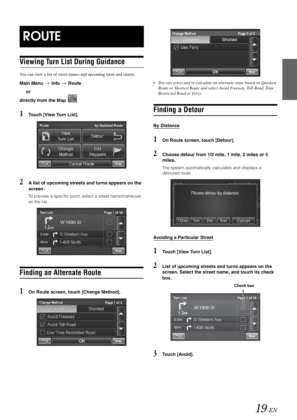 Route, Viewing turn list during guidance, Finding an alternate route | Finding a detour | Alpine NVE-M300 User Manual | Page 21 / 30