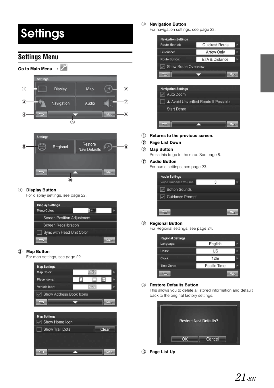 Settings, Settings menu | Alpine NVE-M300 User Manual | Page 23 / 30