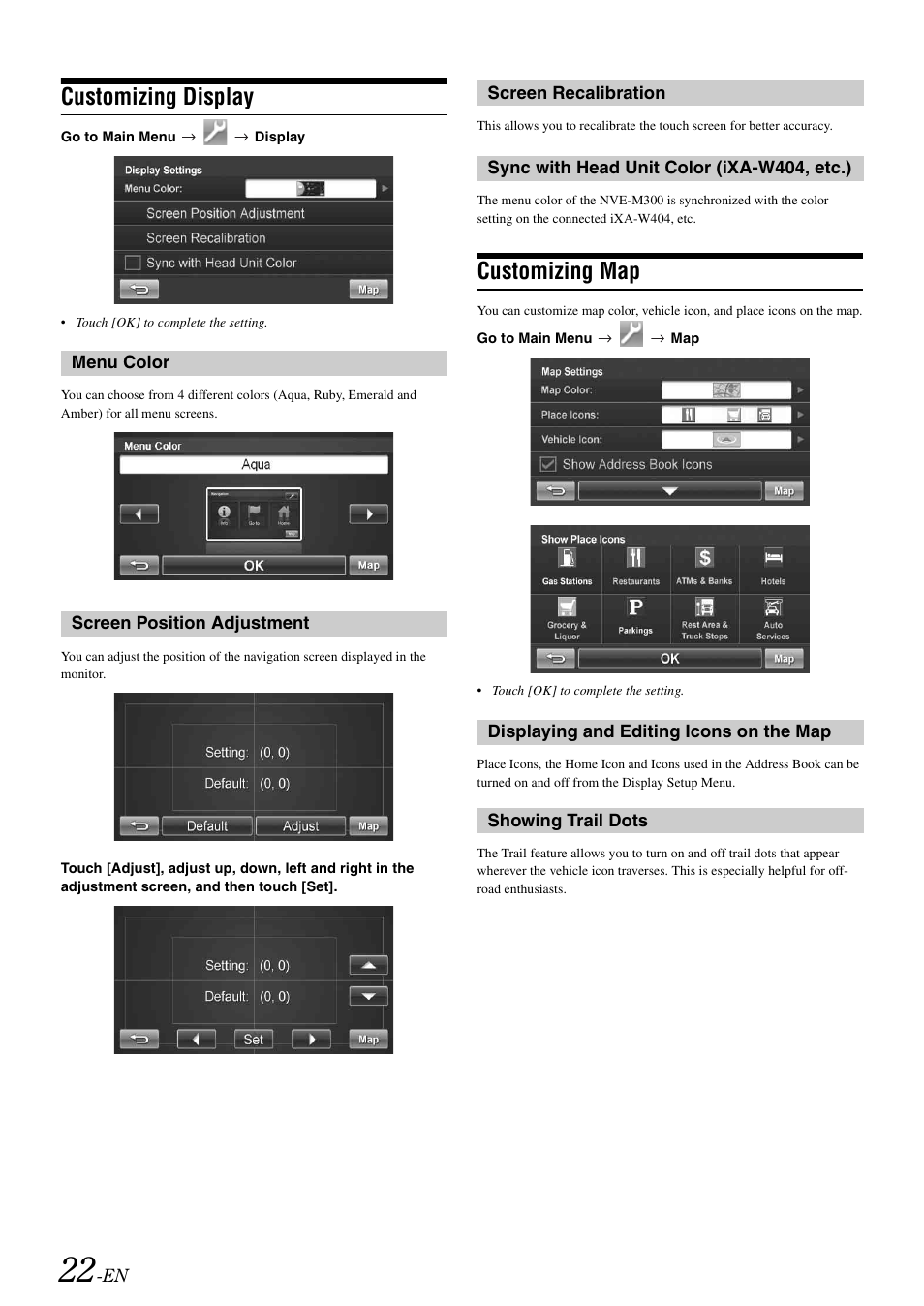Customizing display, Menu color, Screen position adjustment | Screen recalibration, Sync with head unit color (ixa-w404, etc.), Customizing map, Displaying and editing icons on the map, Showing trail dots, Ixa-w404, etc.) | Alpine NVE-M300 User Manual | Page 24 / 30