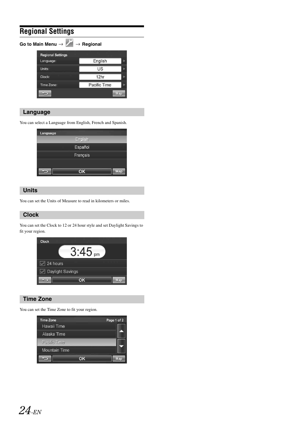 Regional settings, Language, Units | Clock, Time zone, Language units clock time zone | Alpine NVE-M300 User Manual | Page 26 / 30