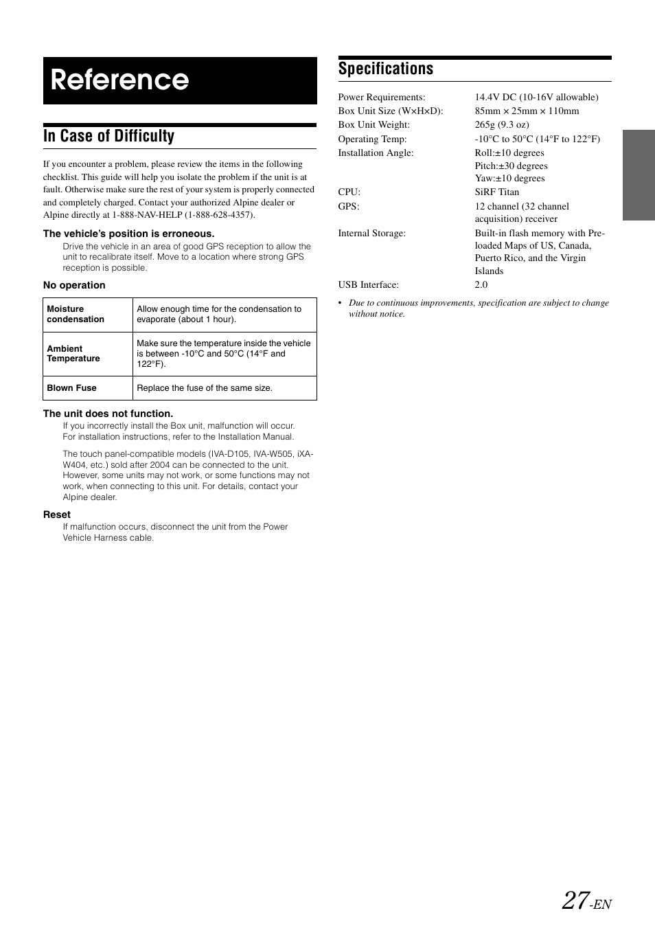 Reference, In case of difficulty, Specifications | Alpine NVE-M300 User Manual | Page 29 / 30