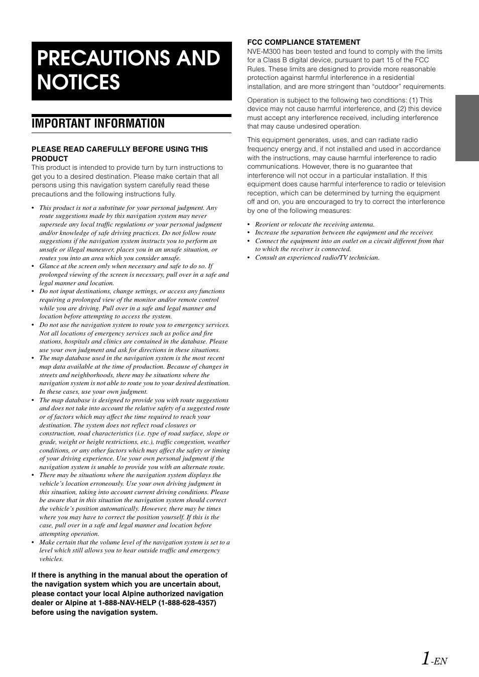 Precautions and notices, Important information | Alpine NVE-M300 User Manual | Page 3 / 30