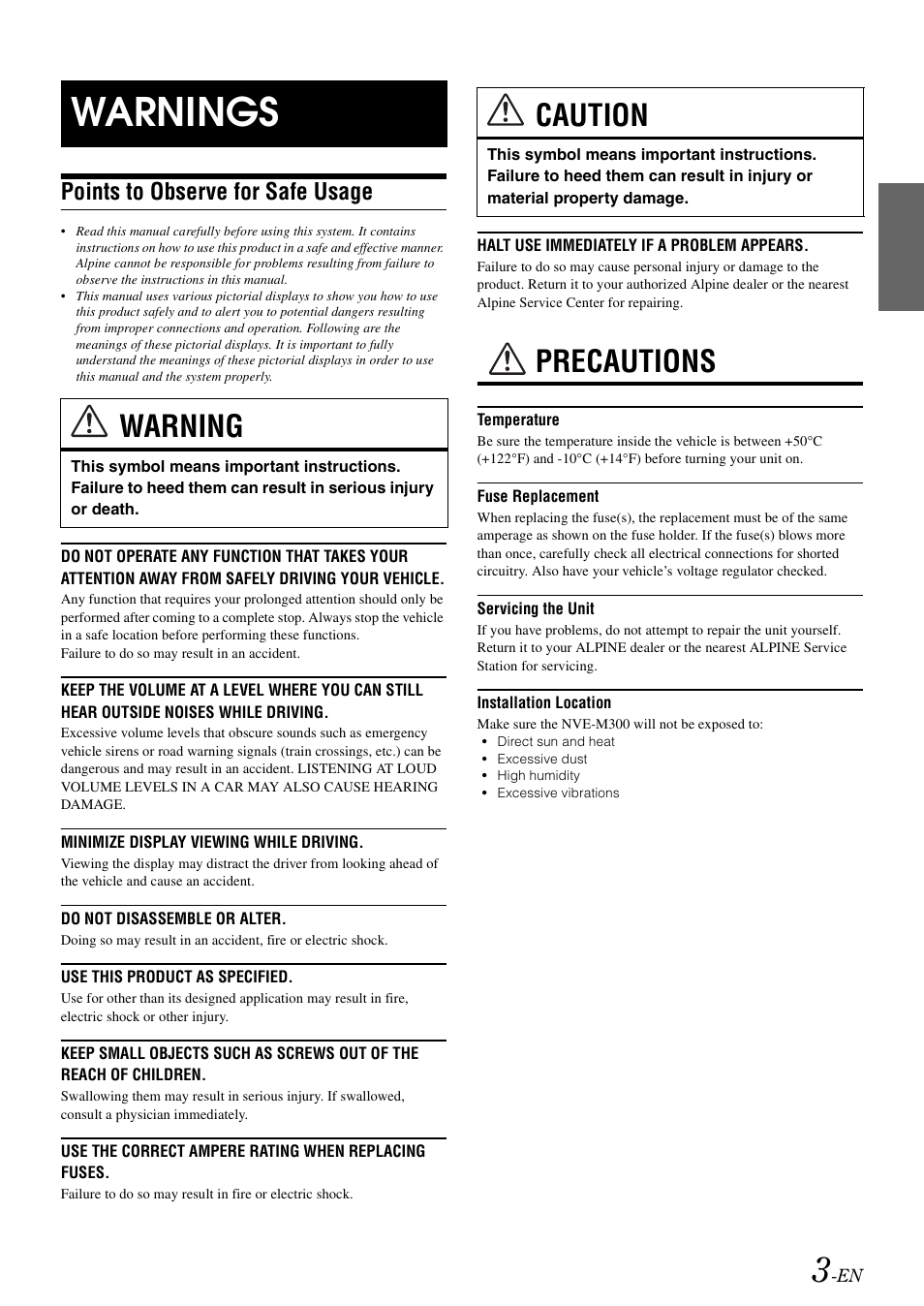 Warnings, Points to observe for safe usage, Warning | Caution, Precautions | Alpine NVE-M300 User Manual | Page 5 / 30