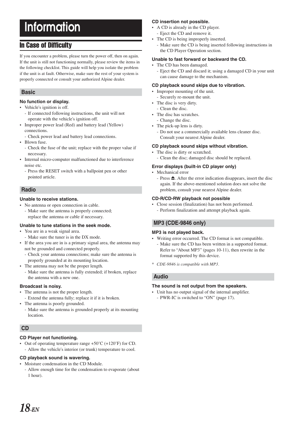 Information | Alpine CDE-9846 User Manual | Page 19 / 72