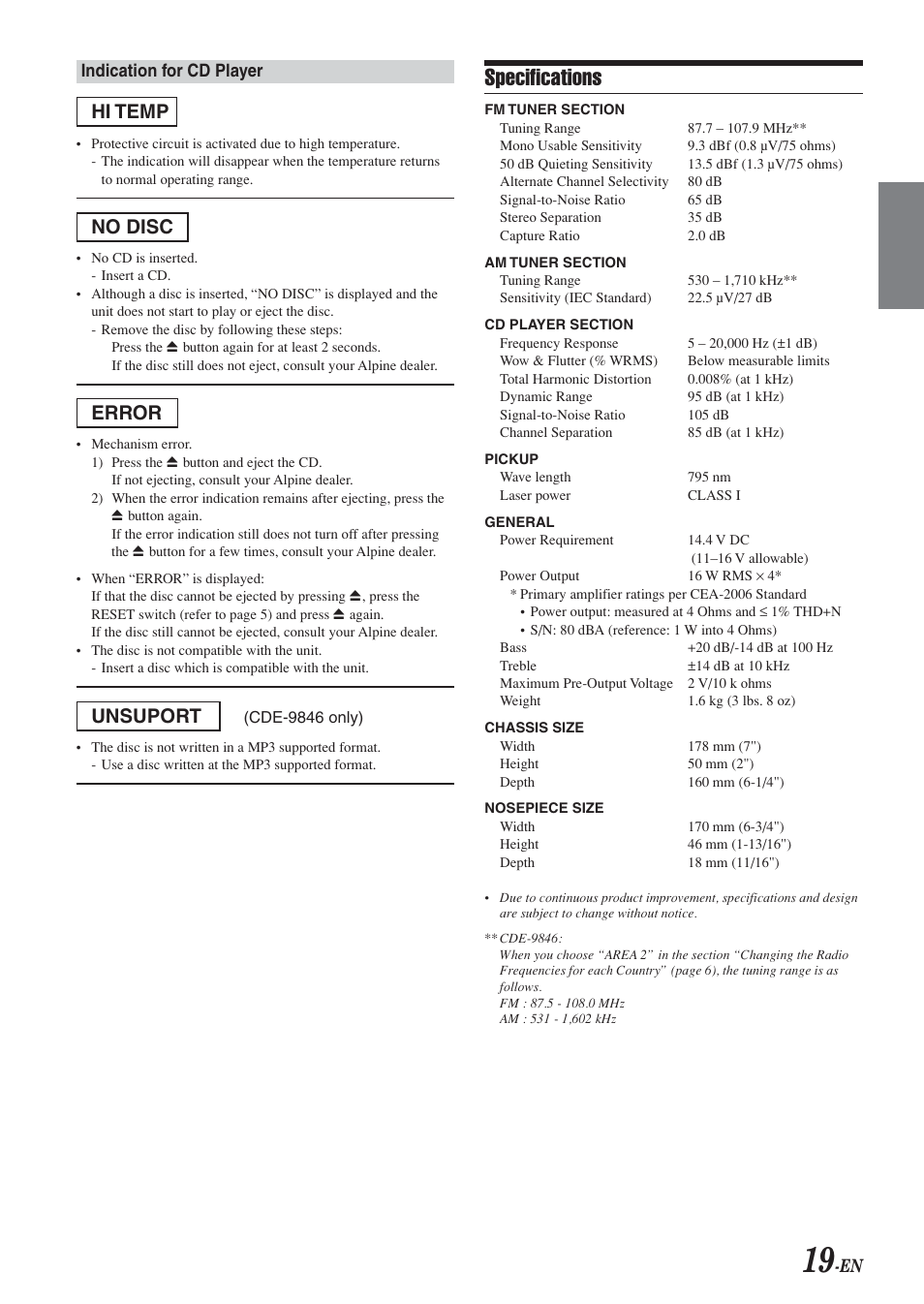 Specifications, Hi temp, No disc | Error, Unsuport | Alpine CDE-9846 User Manual | Page 20 / 72