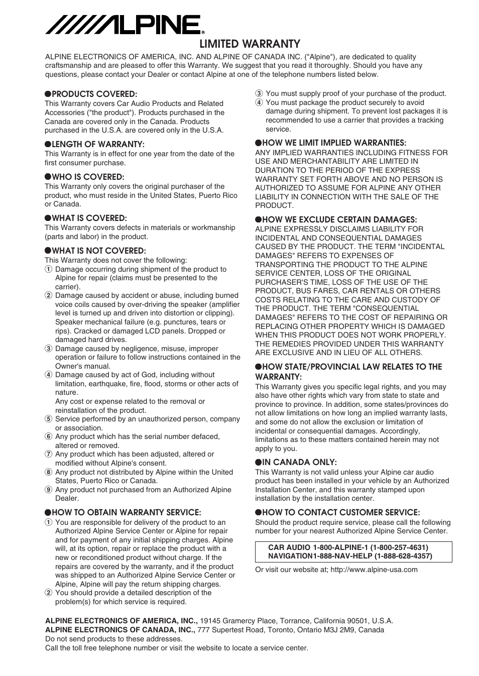 Limited warranty | Alpine CDE-9846 User Manual | Page 25 / 72