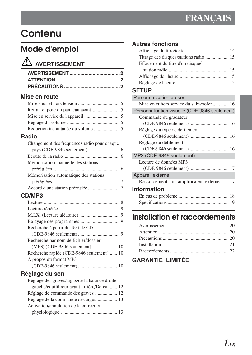 Contenu, Français, Mode d'emploi | Installation et raccordements | Alpine CDE-9846 User Manual | Page 26 / 72