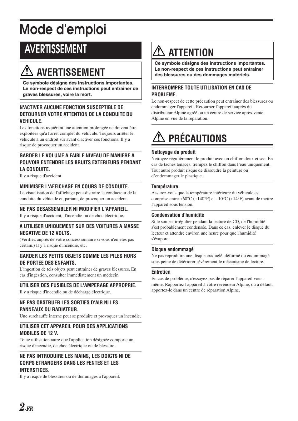 Mode d'emploi, Avertissement, Attention | Précautions | Alpine CDE-9846 User Manual | Page 27 / 72