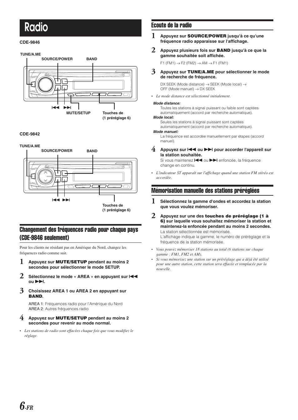 Radio, Ecoute de la radio, Mémorisation manuelle des stations préréglées | Alpine CDE-9846 User Manual | Page 31 / 72